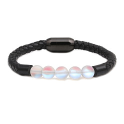 3# Stylish Leather Bracelet with Stainless Steel Magnetic Clasp and Moonstone Beads for Women