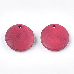Crimson Painted Wood Charms, Flat Round, Crimson, 15x4mm, Hole: 1.8mm