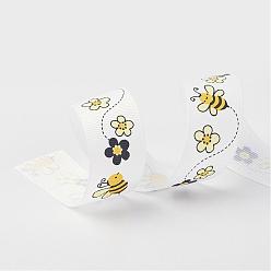 White Polyester Grosgrain Ribbons, Bees and Flower, Printed, White, 1 inch(25mm), about 100yards/roll(91.44m/roll)