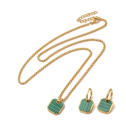 Golden Synthetic Malachite Octogon Dangle Hoop Earring & Pendant Nacklace, Vacuum Plating 304 Stainless Steel Jewelry Set for Women, Golden, Necklace: 505mm, Earring: 26mm, Pin: 0.9mm