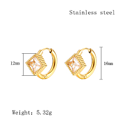 Rhombus Cubic Zirconia Hoop Earrings, Real 18K Gold Plated 304 Stainless Steel Earrings, Rhombus, 16x12mm