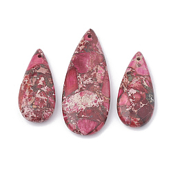 Deep Pink Natural Regalite/Imperial Jasper/Sea Sediment Jasper Pendants, with Iron, teardrop, Deep Pink, 36~50x15~21x6~7mm, Hole: 1mm, 3pcs/set