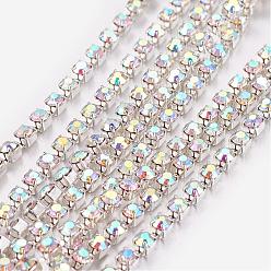 Crystal AB Brass Rhinestone Strass Chains, Rhinestone Cup Chain, 1440pcs Rhinestone/bundle, Grade A, Silver Color Plated, Crystal AB, 3.5mm, about 29.52 Feet(9m)/bundle