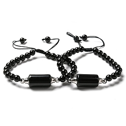 Obsidian Natural Obsidian Column Link Bracelet, Braided Adjustable Bracelet, Inner Diameter: 2-1/8~3-1/8 inch(5.5~7.8cm)