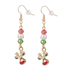 Colorful Enamel Reindeer Charm with Glass Pearl Dangle Earrings, Gold Plated Brass Christmas Jewelry for Women, Colorful, 59mm, Pin: 0.8mm