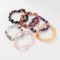 Mixed Stone Chips Natural Gemstone Beaded Stretch Bracelets, with Brass Rhinestone Findings, Silver Color Plated, 59mm