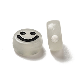 Black Luminous Acrylic Beads, Glow in the Dark, Flat Round with Smiling Face Pattern, Black, 10x5mm, Hole: 2mm, about 1450pcs/500g