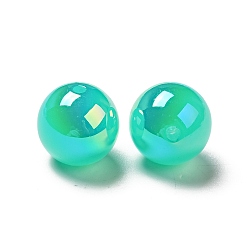 Turquoise UV Plating Opaque Rainbow Iridescent Acrylic Beads, Round, Turquoise, 15~16x15mm, Hole: 2mm