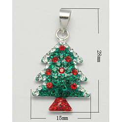 Зеленый Подвески серебро, с эмалью и стразами, рождественская елка, зелёные, Размер : длиной около 28 мм , шириной 15 мм , толщиной 3.5 мм , отверстие : 3.5 мм