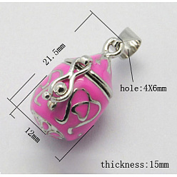 Ярко-Розовый Латунные подвески коробки молитве, эмаль, баррель, цвет никеля, ярко-розовый, Размер : длиной около 21.5 мм , шириной 12 мм , толщиной 15 мм , отверстие: шириной 4 мм, 6 мм длиной