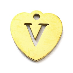 Letter V Ion Plating(IP) 304 Stainless Steel Pendant, Golden, Heart with Letter, Letter V, 12x12x1mm, Hole: 1.4mm