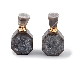 Gray Plated Electroplated Natural Druzy Agate Openable Perfume Bottle Pendants, Faceted Perfume Bottle Charms, with Golden Tone Brass Findings, Gray Plated, 35~37.5x20x13.5~14.5mm, Hole: 1.8mm