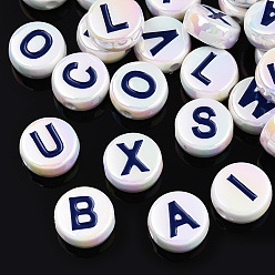 Prussian Blue UV Plating Enamel Acrylic Beads, Iridescent, Mixed Letter, Flat Round, Prussian Blue, 15x7mm, Hole: 2.2mm