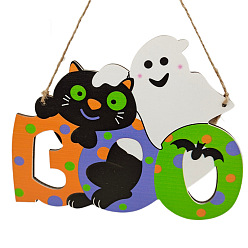 Cat Shape Letreros de puerta colgantes de madera con tema de Halloween, decoración de pared, accesorios decorativos para interiores, con cuerda de cáñamo, forma de gato, 155x200 mm