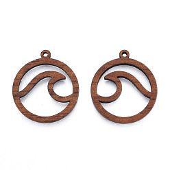 Camel Natural Walnut Wood Pendants, Undyed, Hollow Ring Charm with Spindrift, Camel, 28x25x2.5mm, Hole: 1.6mm