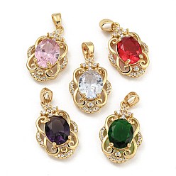 Mixed Color Brass Micro Pave Clear Cubic Zirconia Pendants, with Glass, Flower, Mixed Color, 22x14x7mm, Hole: 4x2.5mm