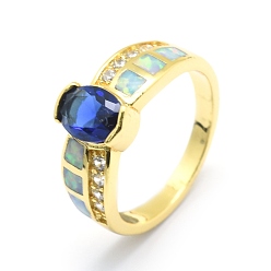 Golden Cubic Zirconia Finger Rings, with Synthetic Opal and Brass Findings, Long-Lasting Plated, Oval, Size 7, Blue, Golden, 17.5mm