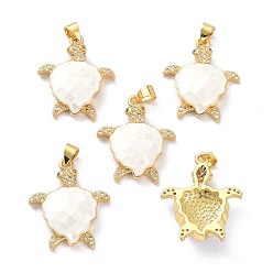 White Real 18K Gold Plated Brass Micro Pave Clear Cubic Zirconia Pendants, with Shell filled in Enamel, Long-Lasting Plated, Turtle, White, 26x21x5.5mm, Hole: 4x3.5mm