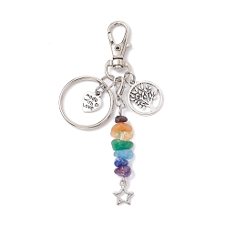 Tree of Life Tibetan Style Alloy Keychains, with Chakra Gemstone Chip Beads and Alloy Swivel Lobster Claw Clasps, Tree of Life, 9.7cm