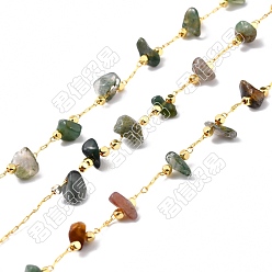 Indian Agate Natural Indian Agate Chips Beaded Chains, with Golden Brass Findings, Long-Lasting Plated, Soldered, with Spool, 4~14x4~11x2~7mm, about 3.28 Feet(1m)/Box