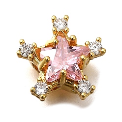 Pink Многожильные звенья из латуни с паве из кубического циркония, звезда, реальный 18 k позолоченный, розовые, 13x14x8 мм, отверстие : 1.8 мм