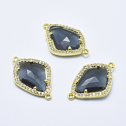 Black Brass Micro Pave Cubic Zirconia Links, with Glass, Faceted, teardrop, Golden, Black, 27x18x4.5mm, Hole: 1.4mm
