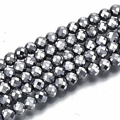 Platinum Plated Electroplate Non-magnetic Synthetic Hematite Beads Strands, Round, Faceted, Platinum Plated, 4mm, Hole: 1mm, about 108pcs/strand, 15.67 inch~15.91 inch(39.8cm~40.4cm)