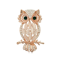 Golden Alloy Rhinestone Brooches, with Cat Eye, Moon with Owl Brooches for Women, Golden, 57x32mm