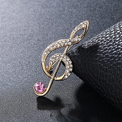 Fucsia Broche de nota musical de diamantes de imitación, insignia de aleación de oro claro para ropa de mochila, fucsia, 53x21 mm