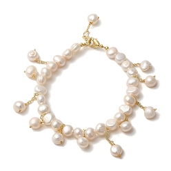 Real 14K Gold Plated Natural Pearl Beads Charm Bracelets, with Brass Chains, Real 14K Gold Plated, 6-5/8 inch(16.7cm)