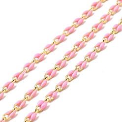 Pink Brass Enamel Curb Chains, Soldered, with Spools, Real 18K Gold Plated, Pink, 7x3x1.7mm