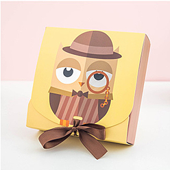 Owl Square Paper Candy Boxes, Gift Wrapping Boxes, for Jewelry Candy Wedding Party Favors, with Ribbon, Owl Pattern, 11.5x11.5x5cm