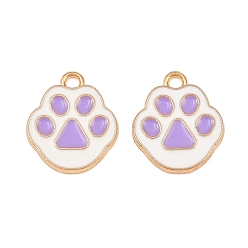 Purple Alloy with Enamel Pendants, Paw Print Charms, Light Gold, Purple, 17x14x1.5mm, Hole: 1.9mm