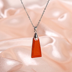 Red Aventurine Natural Red Jasper Trapezoid Pendant Necklaces, Stainless Steel Cable Chain Necklaces for Women, 15.75 inch(40cm)
