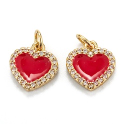 Red Brass Micro Pave Clear Cubic Zirconia Pendants, with Enamel, Real 18K Gold Plated, Long-Lasting Plated, Heart, Red, 12x11x2mm, Hole: 3.2mm