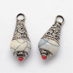 White Brass Teardrop Pendants, with Resin Imitation Synthetic Turquoise and Antique Silver, White, 26~28x11mm, Hole: 4mm
