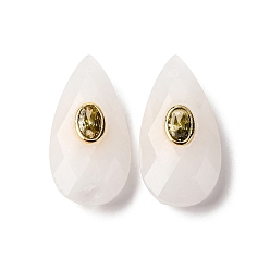 Белый Нефрит Натурального белого нефрита подвески, подвески в виде ограненных каплевидных камней с латунной микрофиброй из кубических цирконий, золотые, 25.5x13~13.5x6 мм, отверстие : 1 мм