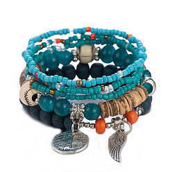 Hulan Bohemian Ethnic Style Bracelet with Wing Pendant and Multi-layer Elastic Beaded Hand Chain for Women Fashion Jewelry