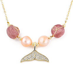 Real 14K Gold Plated Natural Strawberry Quartz & Pearl Beaded Whale Tail Pendant Necklace with Brass Cable Chains for Women, Real 14K Gold Plated, 16.81 inch(42.7cm)