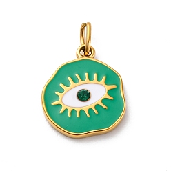 Зеленый 304 нержавеющей стальной эмали подвески, с соединительным кольцом и стразами, ионное покрытие (ip), плоский круглый с шармом в виде глаз, реальный 14 k позолоченный, зелёные, 19.5x16x3 мм, отверстие : 3.7x5 мм