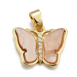 Персиковый Слойка Подвески из смолы, с золотистым латунным микропаве, фурнитура из фианита, бабочка, розовые, 14x17.5x3 мм, отверстие : 3.5x5.5 мм