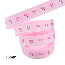 Pink Easter Theme Polyester Grosgrain Ribbons, Printed Rabbit Pattern, Pink, 5/8 inch(16mm), 10 yards/roll