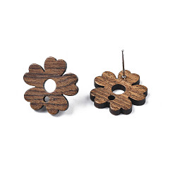 Tan Walnut Wood Stud Earring Findings, with 316 Stainless Steel Pin and Hole, Flower, Tan, 17x18mm, Hole: 1.8mm, Pin: 0.7mm
