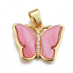 Ярко-Розовый Подвески из смолы, с золотистым латунным микропаве, фурнитура из фианита, бабочка, ярко-розовый, 14x17.5x3 мм, отверстие : 3.5x5.5 мм