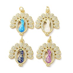 Mixed Color Brass Micro Pave Clear Cubic Zirconia Pendants, with Synthetic Opal, Real 18K Gold Plated, Peacock Charms, Mixed Color, 22.5x19.5x3mm, Hole: 3.5mm