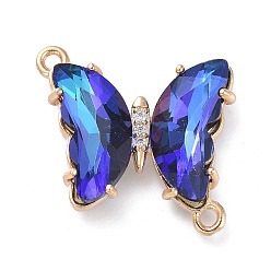 Blue Glass Links Connectors, with Brass Micro Pave Cubic Zirconia, Faceted, Butterfly, Light Gold, Blue, 20x20x4mm, Hole: 1.5mm