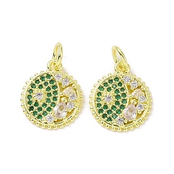 Green Real 18K Gold Plated Brass Micro Pave Cubic Zirconia Pendants, with Jump Ring, Evil Eye Charms, Green, 16.5x14x3mm, Hole: 4mm