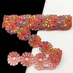 Dark Salmon Polyester Lace Trim, with Colorful Paillettes, Flower, Garment Accessories, Dark Salmon, 2-3/8 inch(60mm), about 4.5 yards/pc