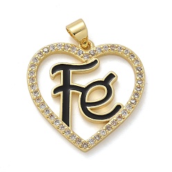 Черный Латунные микро проложить кубического циркония подвески, с эмалью, долговечный, без свинца и без кадмия, стойки покрытие, реальный 18 k позолоченный, сердце со словом fe charm, чёрные, 24x24x2 мм, отверстие : 4x3.5 мм
