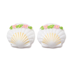 White Opaque Resin Cabochons, Shell Shape with Flower, White, 21x22x7mm